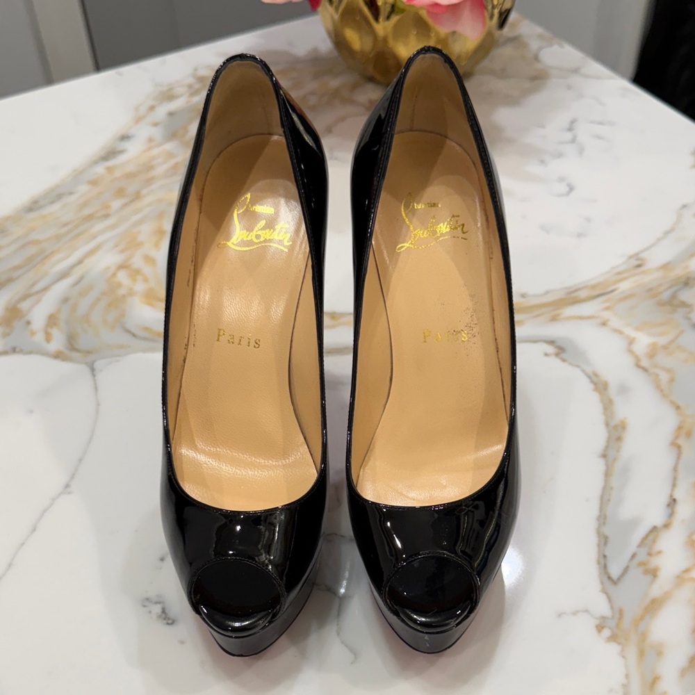 Christian Louboutin Glossy Black Peep-Toe Heels